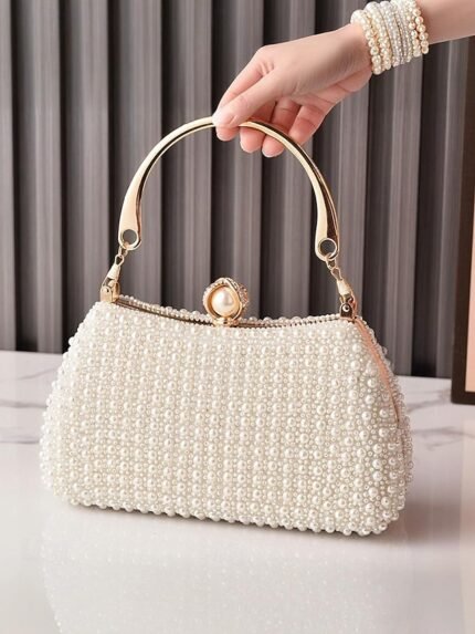 Women's Pearl Beaded Evening Clutch Bag with Gold Handle,