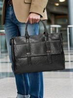 Men's Black Leather Tote Briefcase - Large Business Tote - Image 2