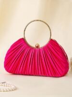 Green Elegant Pleated Velvet Clutch with Gold Ring Handle - - Image 11