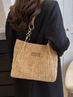 Women's Corduroy Tote Shoulder Bag with Leather Straps, - Image 2