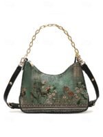 Women's Vintage Floral Print Shoulder Bag with Gold Chain