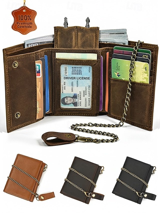 fqdksu1759316548587 Men's Genuine Leather Wallet with Key Slot & Chain, - Image 1