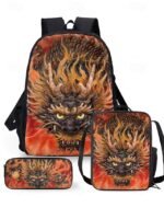 Men's 3-Piece Dragon Backpack Set with Flame Print - - Image 20