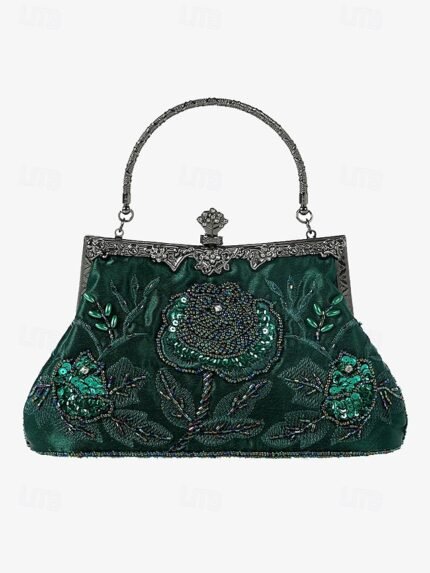Women's Vintage Green Velvet Handbag with Beaded Floral