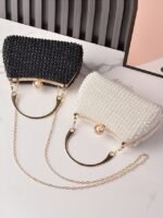 Women's Pearl Beaded Evening Clutch Bag with Gold Handle, - Image 7