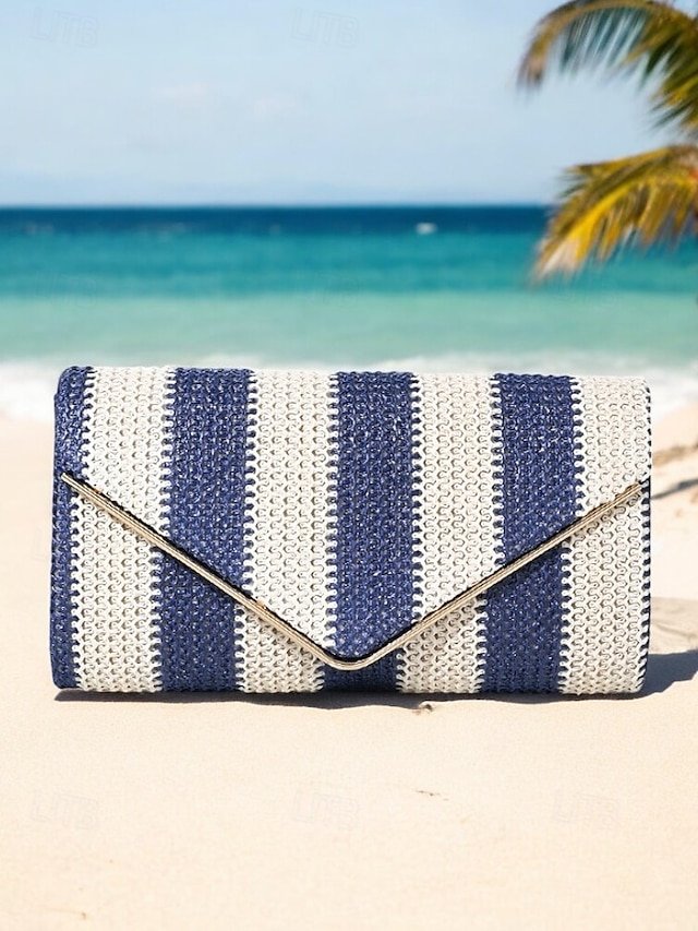 llygtk1741173813915 Women's Striped Woven Envelope Clutch - With chain, can be - Image 1