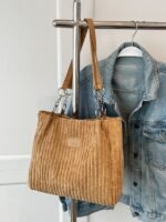 Women's Corduroy Tote Shoulder Bag with Leather Straps, - Image 3