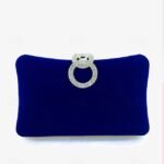 Women's Elegant Blue Velvet Clutch Bag with Rhinestone Ring
