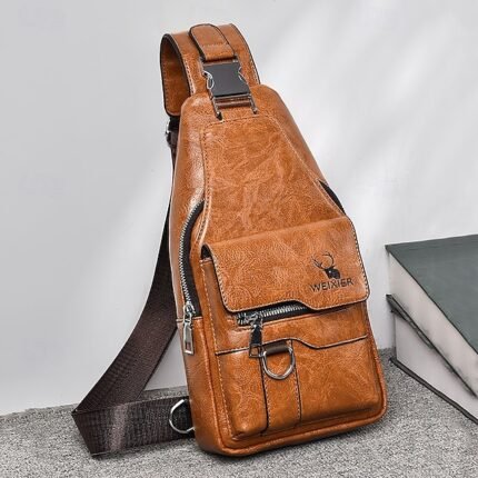 Men's Brown Faux Leather Crossbody Sling Bag with Multiple