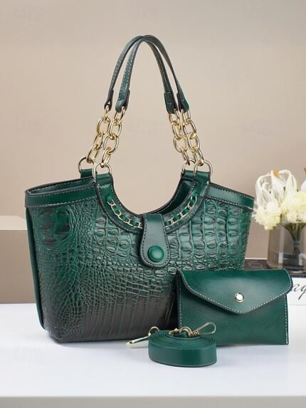 Women's 2-Piece Faux Leather Crocodile Tote Bag Set –