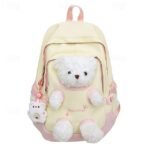 Girls' Yellow and Pink School Backpack with Plush Teddy