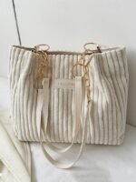 Women's Corduroy Tote Shoulder Bag with Leather Straps, - Image 16