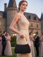 Women's Pearl Beaded Evening Clutch Bag with Gold Handle, - Image 3