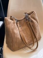 Women's Corduroy Tote Shoulder Bag with Leather Straps,